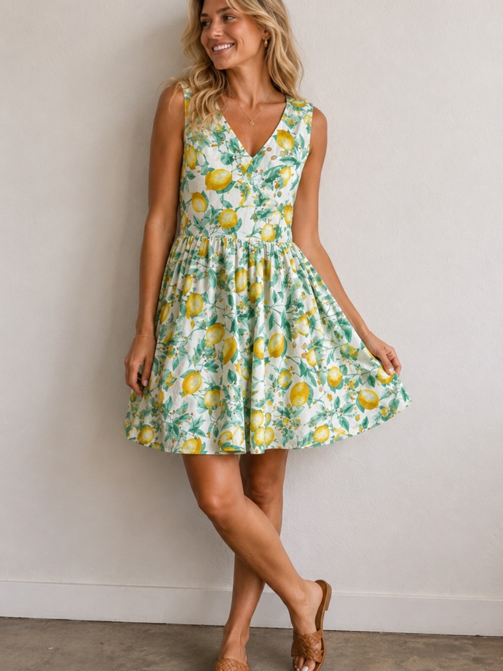 ELLE Lemon Print Fit & Flare Dress Size 4 Open Back Cotton Blend Summer Sundress
